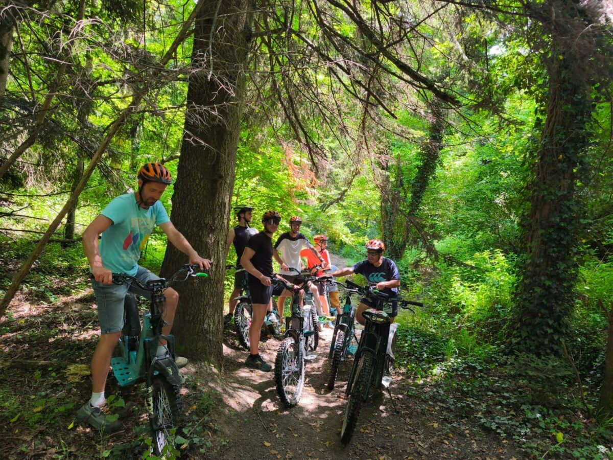 Groupe en trottinette électrique sur chemins variés